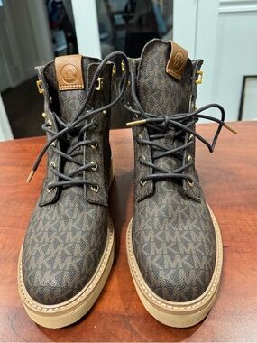 Michael Kors Brown MK Logo Lace-Up Combat Boots with Tan Sole